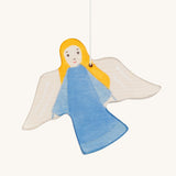 The Holztiger hand made wooden guardian angel hanging Christmas decoration, in a hand-painted blue gown.