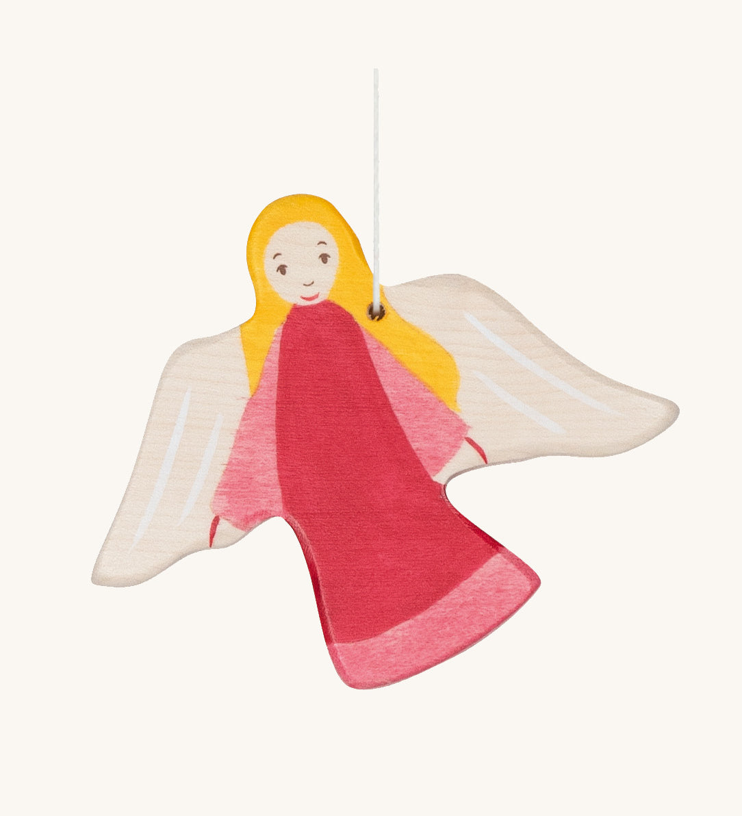 The Holztiger hand made wooden guardian angel hanging Christmas decoration, in a hand-painted pink gown.