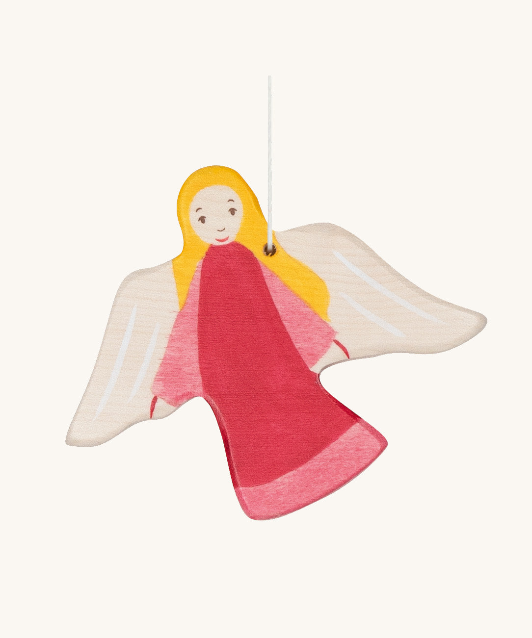 The Holztiger hand made wooden guardian angel hanging Christmas decoration, in a hand-painted pink gown.