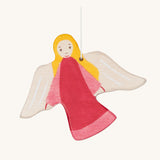 The Holztiger hand made wooden guardian angel hanging Christmas decoration, in a hand-painted pink gown.