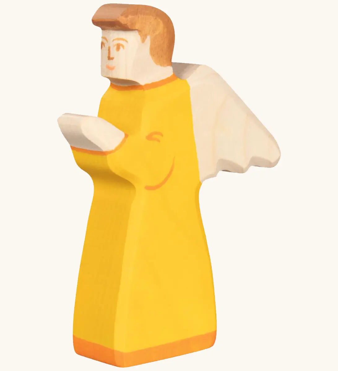 Holztiger handcrafted wooden angel figure with orange gown and brown hair