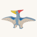 Holztiger Pteranodon dinosaur pictured on a plain background. A blue flying dinosaur figure with handpainted details