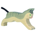The Holztiger Running Cat is a wooden figure painted grey and white with faint stripes on the body, green eyes and a rope tail. 