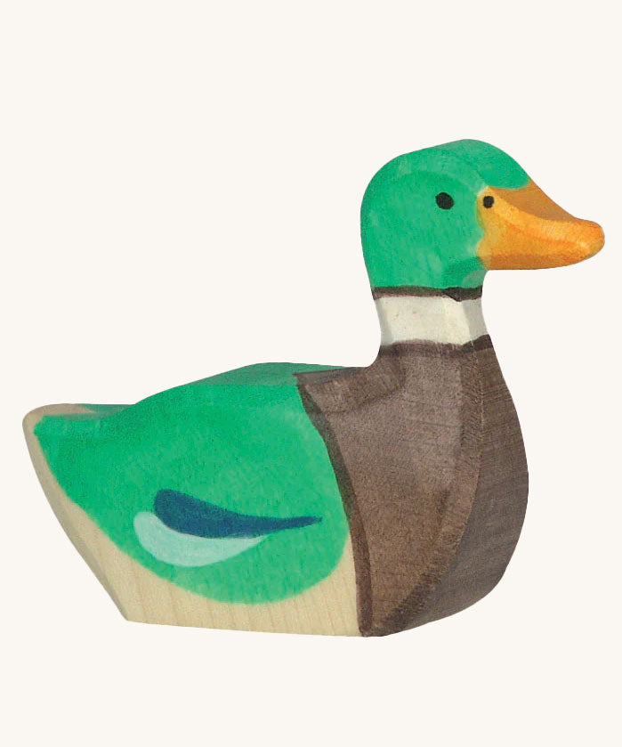 Holztiger Swimming Drake Duck Toy on a plain background. 