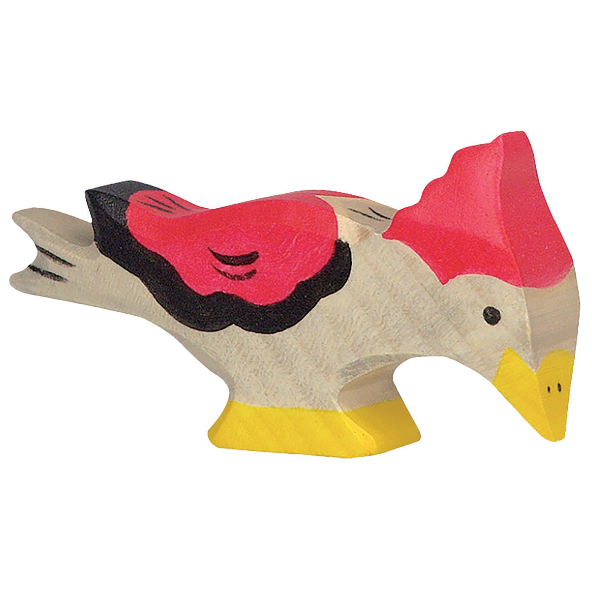 Holztiger Wooden Woodpecker with red head and wing details, and yellow feet, and beak