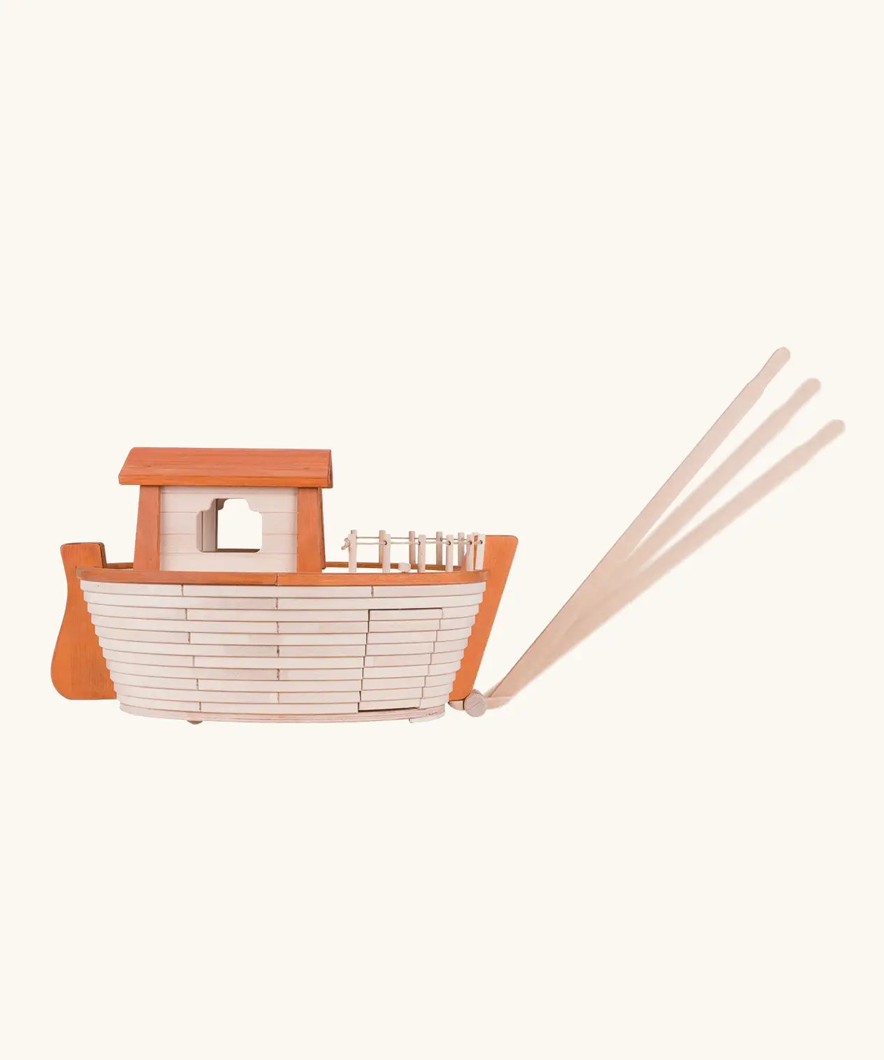 Side of the Holztiger handcrafted XL Noah's ark showing the included push handle attached to the front