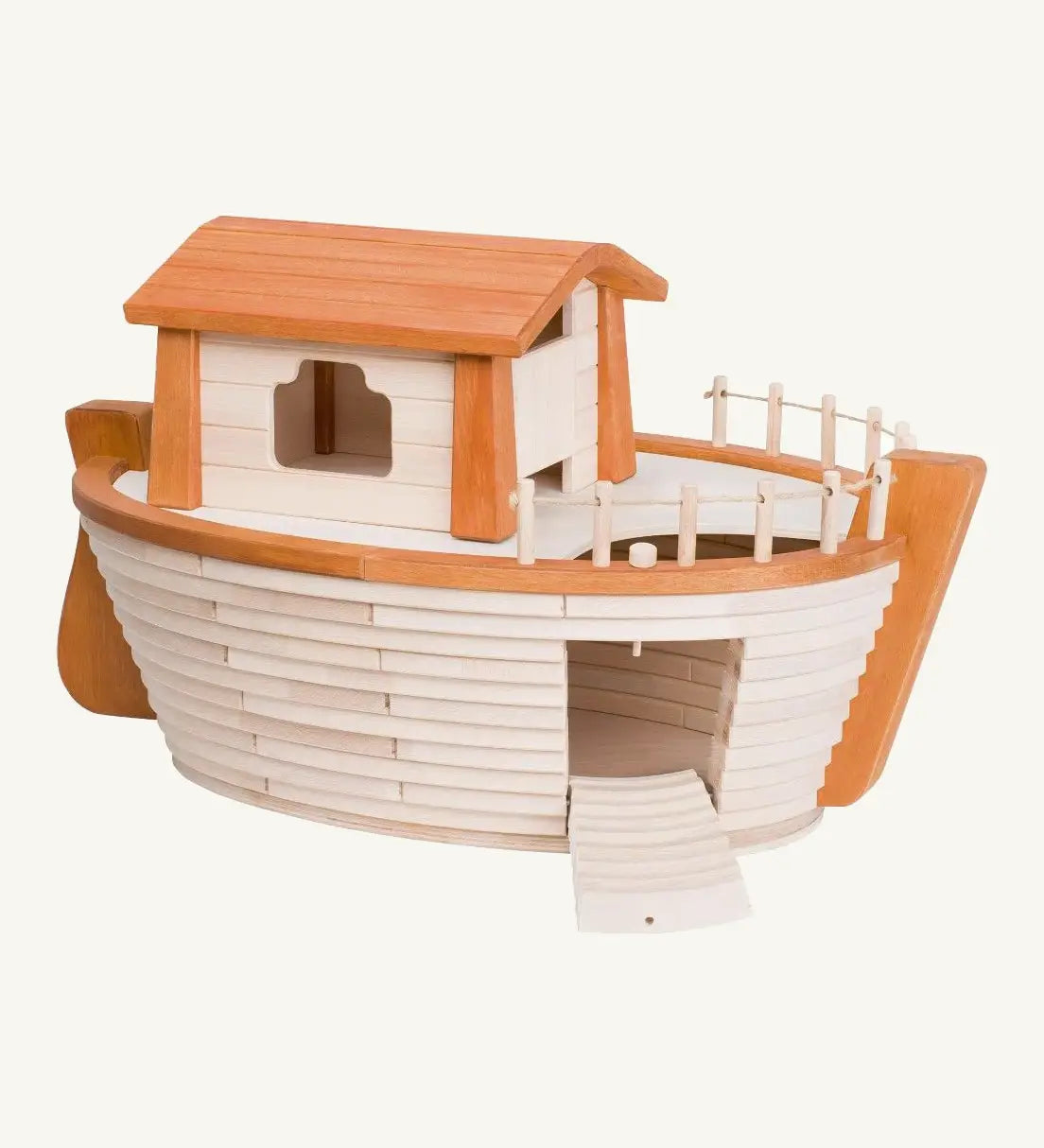 Holztiger handcrafted wooden XL Noah's ark. Features a detachable cabin, removable lid, rope railings and a working side ramp