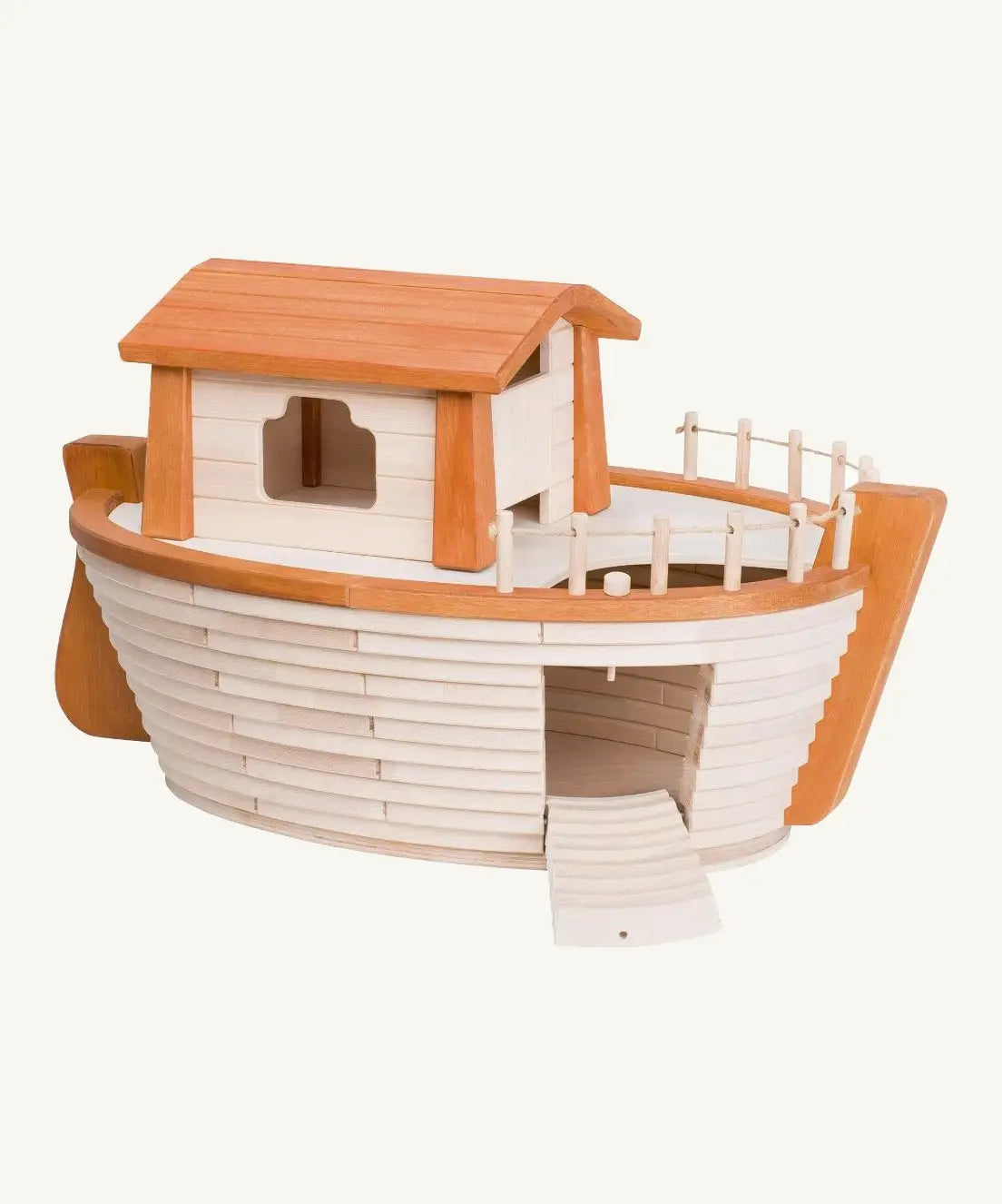 Holztiger handcrafted wooden XL Noah's ark. Features a detachable cabin, removable lid, rope railings and a working side ramp