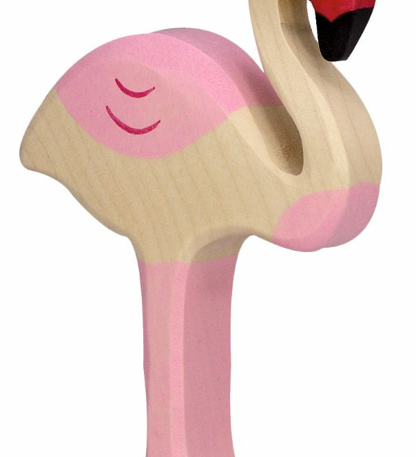 The Holztiger Flamingo wooden figure is a Waldorf wooden bird with characteristic pink plumage, elegant neck, and long legs.