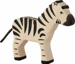 The Holztiger Zebra wooden figure is a Waldorf wooden animal with characteristic black and white zebra stripes smart black hooves and a black rope tail.