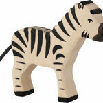 The Holztiger Zebra wooden figure is a Waldorf wooden animal with characteristic black and white zebra stripes smart black hooves and a black rope tail.