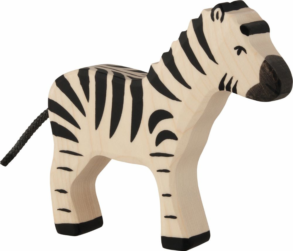 The Holztiger Zebra wooden figure is a Waldorf wooden animal with characteristic black and white zebra stripes smart black hooves and a black rope tail.