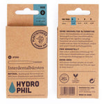 Front and back of Hydrophil Bamboo Interdental sticks packaging on a white background.