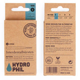 Front and back of Hydrophil Bamboo Interdental sticks packaging on a white background.