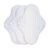 3 pack of Imse Vimse classic reusable period pads in the denim stripes colour on a white background