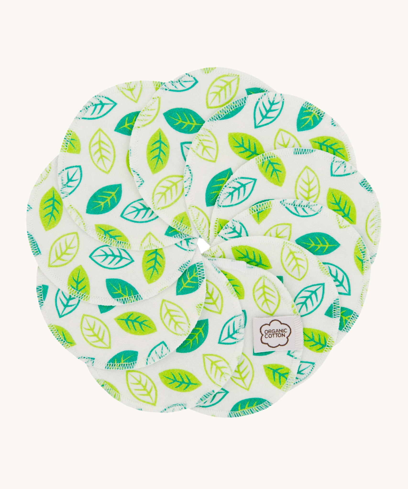 ImseVimse Organic Cotton Terry Cleansing Pads with green leaves.