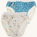 Imse Vimse Blue/Teddy Training Pants 2-Pack - Junior 16-20 kg. Two comfortable Cotton reusable training pants. The one on the left is blue with white scribbled sports, and the one on the right is white with colourful rabbits, bears, dogs, rainbows, clouds
