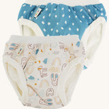 Imse Vimse Blue/Teddy Training Pants 2-Pack - Junior 16-20 kg. Two comfortable Cotton reusable training pants. The one on the left is blue with white scribbled sports, and the one on the right is white with colourful rabbits, bears, dogs, rainbows, clouds