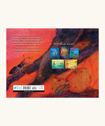 Back of In The Land Of Elves children's book by Daniela Drescher showing illustrations of beetles pushing fruit on a branch