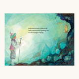 A page from In The Land Of Elves children's book by Daniela Drescher showing a illustration of a elf in a crystal  cave 