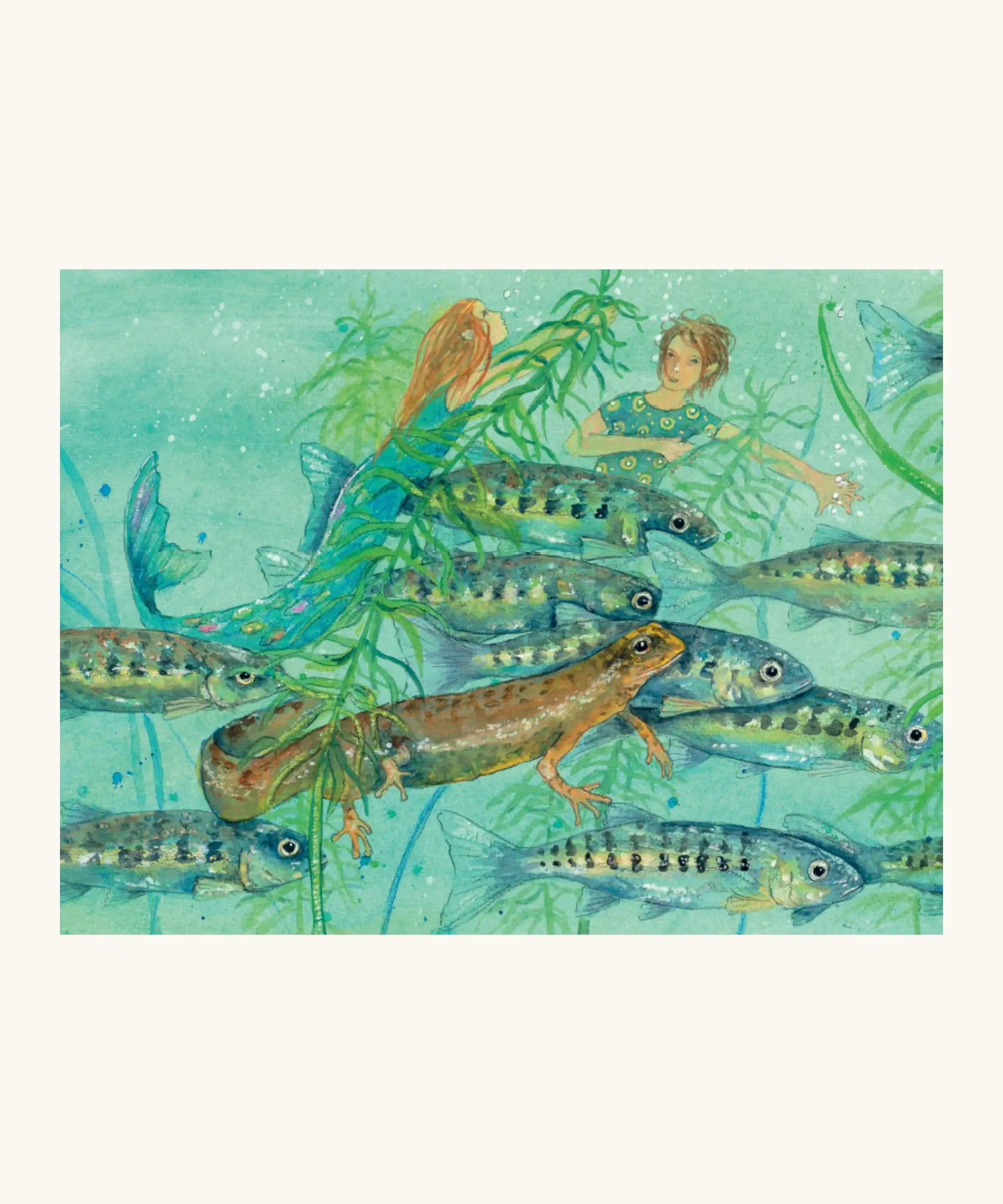A page from In The Land Of Mermaids children's book by Daniela Drescher showing a illustration of mermaids swimming with fish