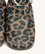A close up of the Inch Blue leopard design on the baby shoes available at Babipur. 