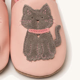A close up of the Inch Blue meeow soft pink  baby shoes available at Babipur. Showing the grey suede cat cut out design