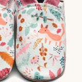A close up of the Inch Blue wildwood shoes available at Babipur showing the pastel coloured woodland animals design