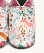 A close up of the Inch Blue wildwood shoes available at Babipur showing the pastel coloured woodland animals design