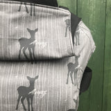 A close up of the deer silhouette design and hood detail on the Integra always baby carrier available at Babipur.