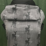 Integra always design baby carrier available at a Babipur.  A grey carrier with a deer silhouette design and 'Always' slogan. Features a small hood for head protection.