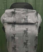 Integra always design baby carrier available at a Babipur.  A grey carrier with a deer silhouette design and 'Always' slogan. Features a small hood for head protection.