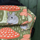 A close up of the vintage mouse design and hood detail on the Integra shelter baby carrier available at Babipur.