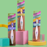 Three Jack N' Jill soft bristled children's toothbrushes shown in their  colourful packing. There are three different designs. 