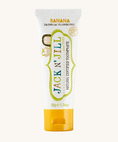 A 50g tube of Jack N' Jill banana flavoured fluoride free kid's toothpaste. 