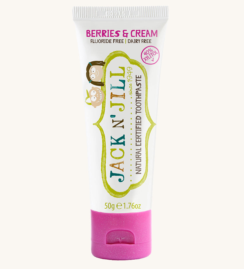 A 50g tube of Jack N' Jill berries and cream flavoured fluoride free kid's toothpaste. 