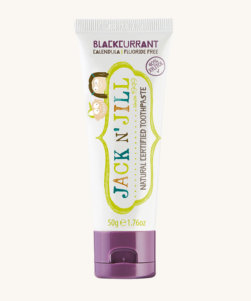 A 50g tube of Jack N' Jill blackcurrant flavoured fluoride free kid's toothpaste. 