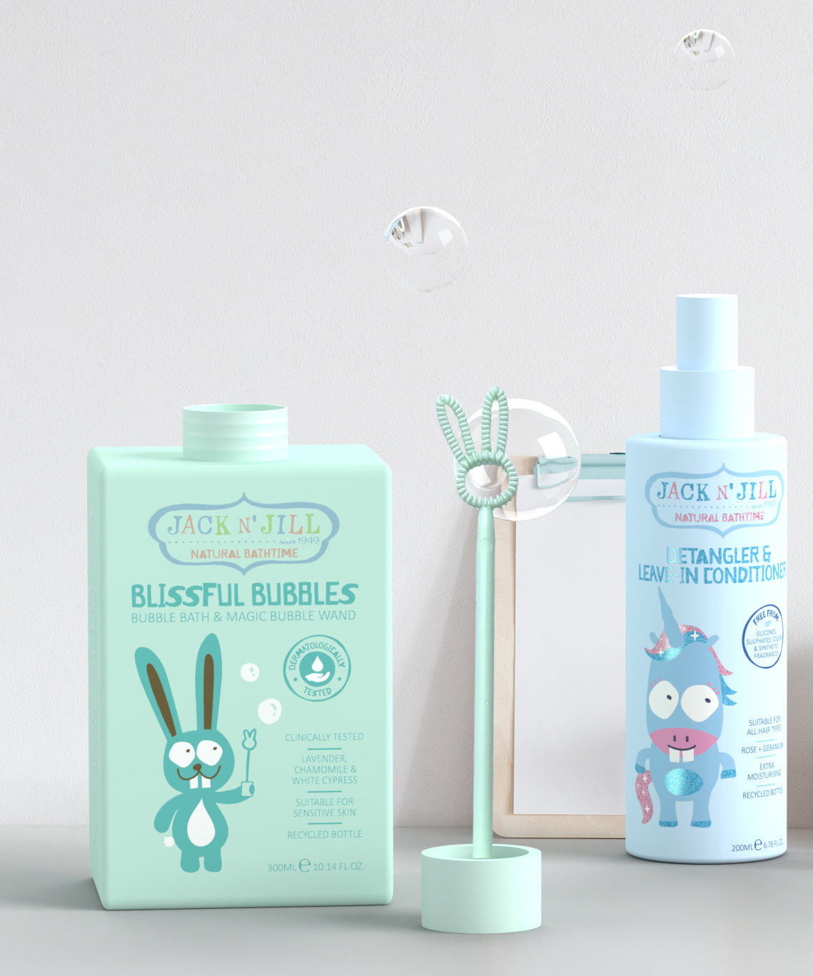 Jack N' Jill Blissful Bubbles Bubble Bath with Bubble Wand and detangler leave in conditioner spray. 