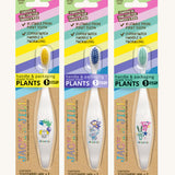 Three Jack N' Jill soft bristled children's toothbrushes shown in their  colourful packing. There are three different designs. 