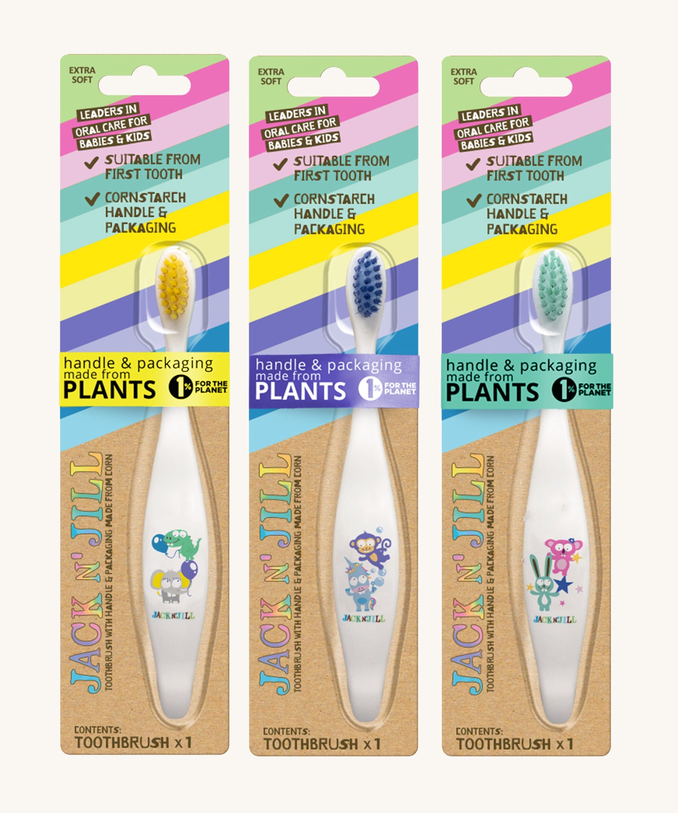 Three Jack N' Jill soft bristled children's toothbrushes shown in their  colourful packing. There are three different designs. 