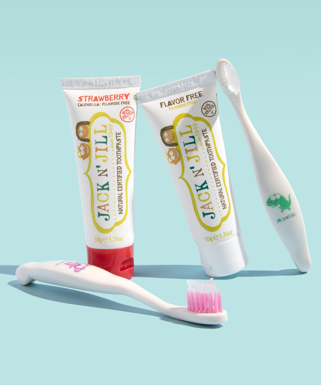 50g tubes of Jack N' Jill strawberry and flavour free,  fluoride free kid's toothpaste. 