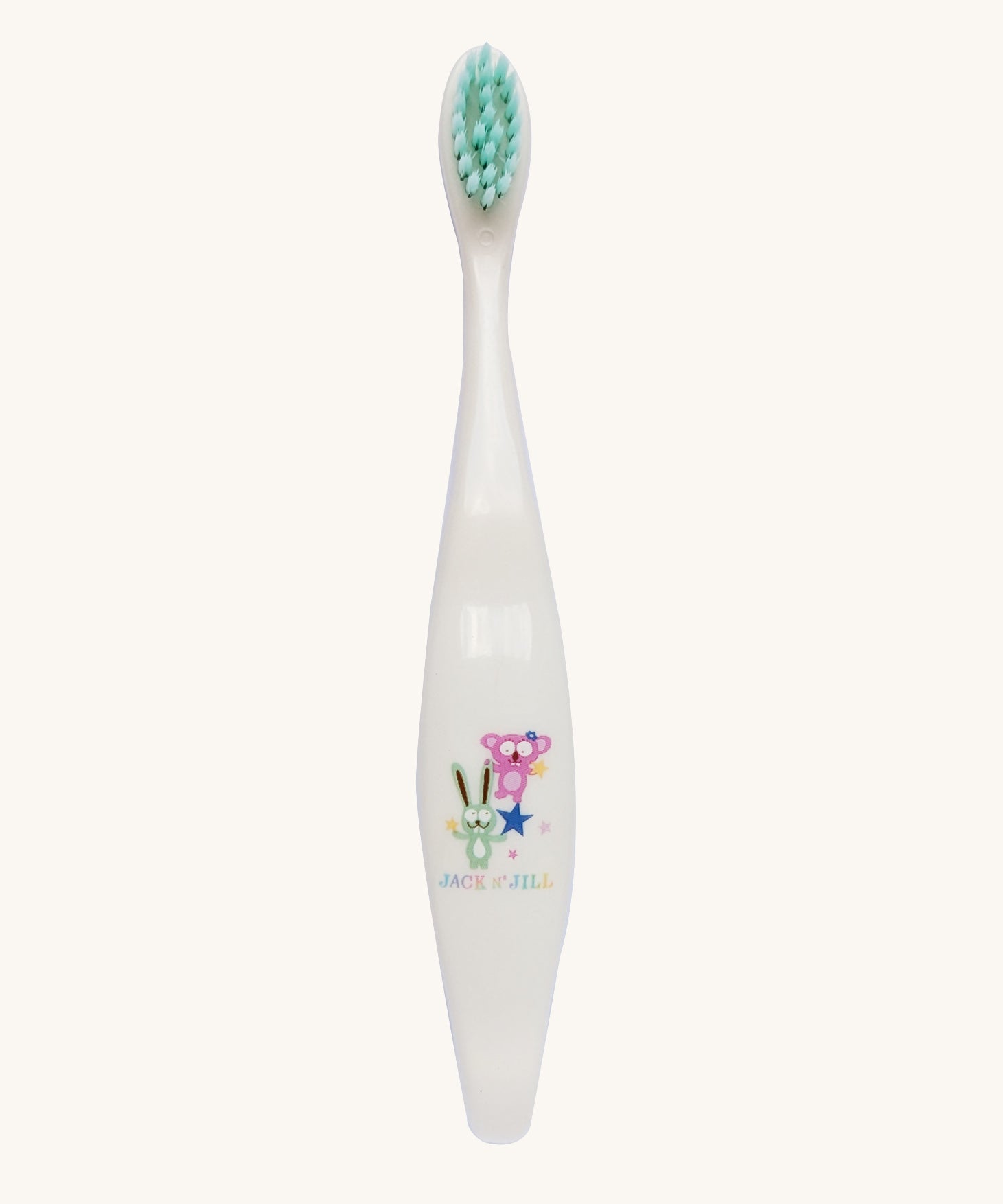 A Jack N' Jill soft bristled children's toothbrush. This toothbrush has mint green bristles and features koala and bunny rabbit characters on it.