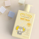 Jack N' Jill Baby Wash on a cream surface surrounded by pastel coloured blocks. 