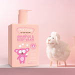 Jack N' Jill Shampoo & Body Wash in a 300ml pump bottle next to a felt sheep figure. 
