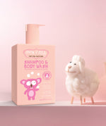 Jack N' Jill Shampoo & Body Wash in a 300ml pump bottle next to a felt sheep figure. 