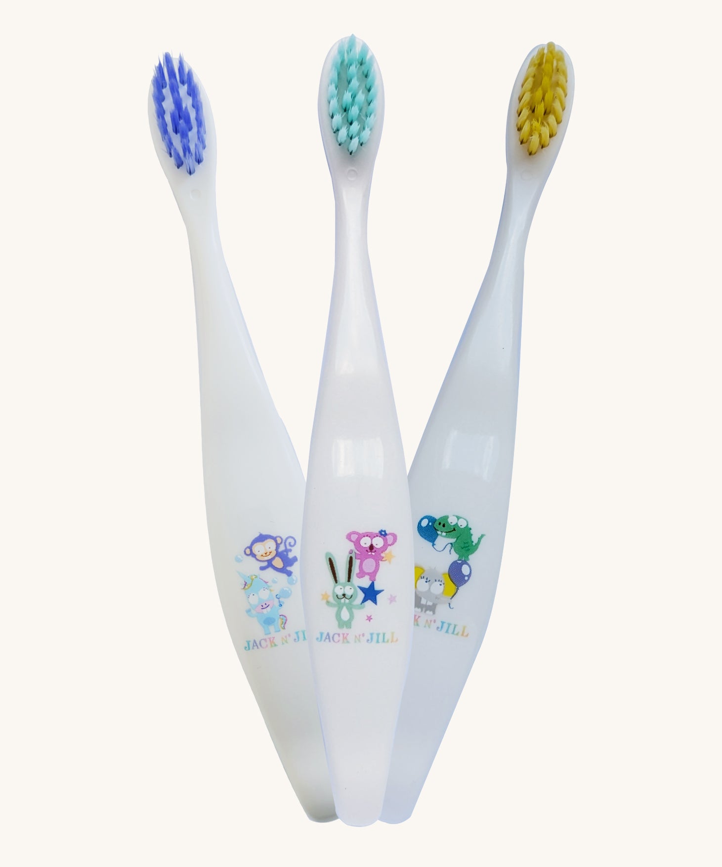 Three Jack N' Jill soft bristled children's toothbrushes. There are three different designs. 