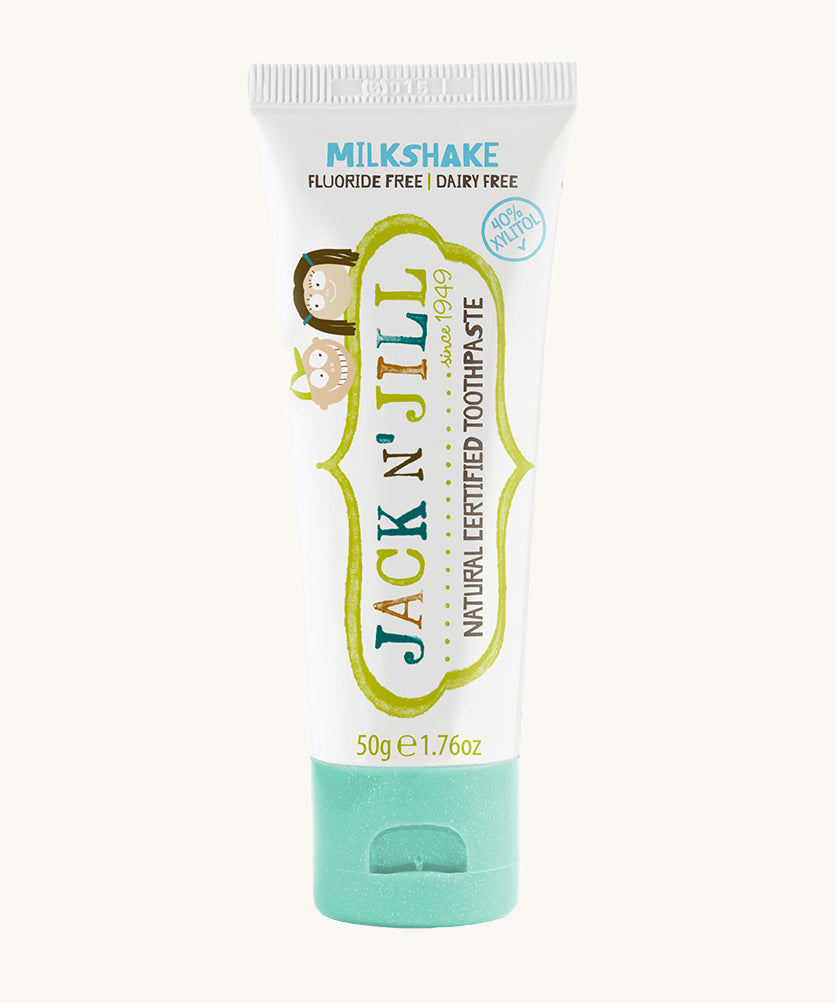 A 50g tube of Jack N' Jill milkshake flavoured fluoride free kid's toothpaste. 