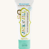 A 50g tube of Jack N' Jill milkshake flavoured fluoride free kid's toothpaste. 