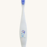 A Jack N' Jill soft bristled children's toothbrush. This toothbrush has purple bristles and features monkey and unicorn characters on it.