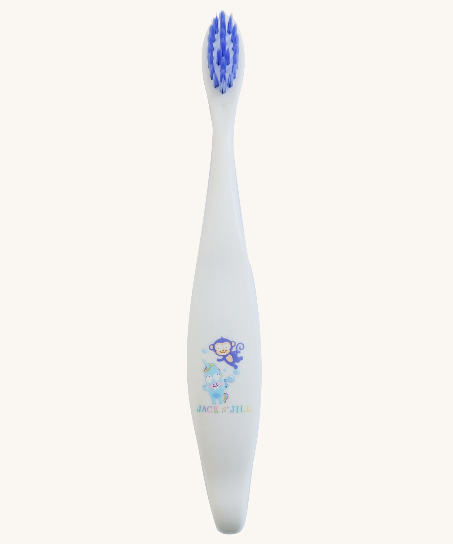 A Jack N' Jill soft bristled children's toothbrush. This toothbrush has purple bristles and features monkey and unicorn characters on it.